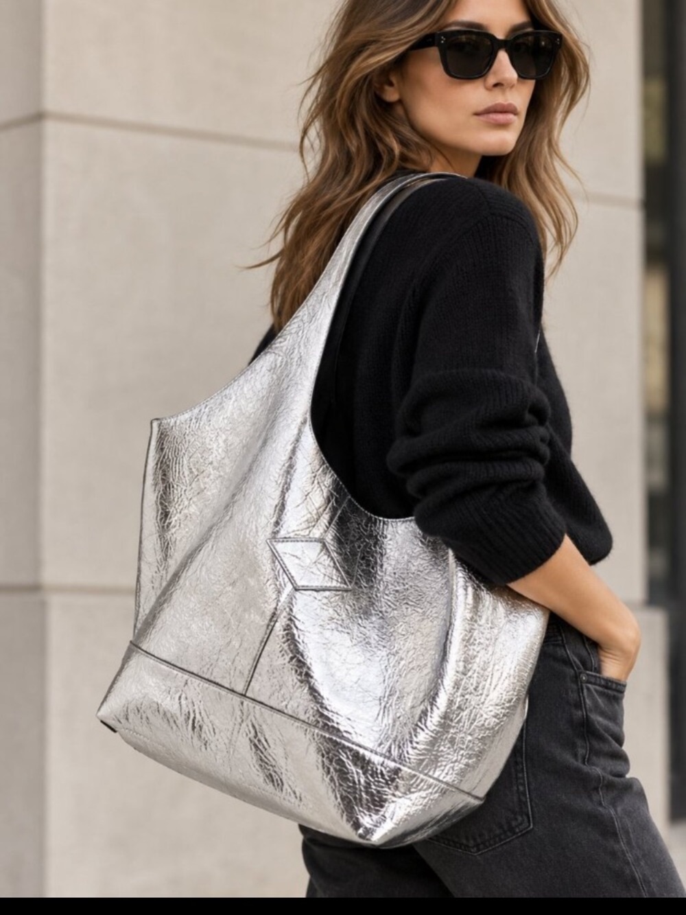 Rag & Bone Camden Shopper Metallic Silver Black Leather Tote Bag Oversized - Picture 14 of 14